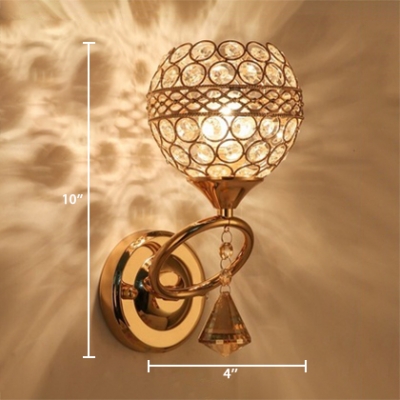 Antique Style Globe Wall Lighting Clear Crystal 1 Light Brass Sconce Light for Bathroom