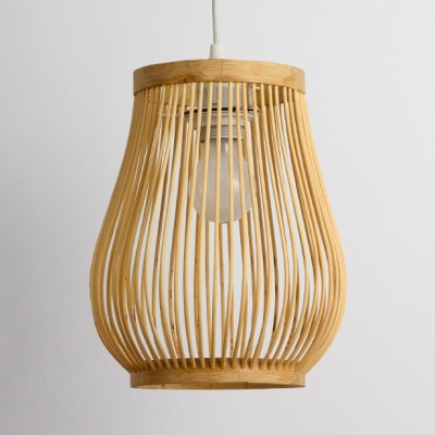 Asian Gourd Pendant Lighting Single Light Woven Hanging Lamp in Beige for Patio