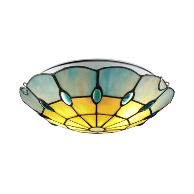 Beige and Blue Pattern 12 Inch Flush Mount Ceiling Light in Tiffany Stained Glass Style