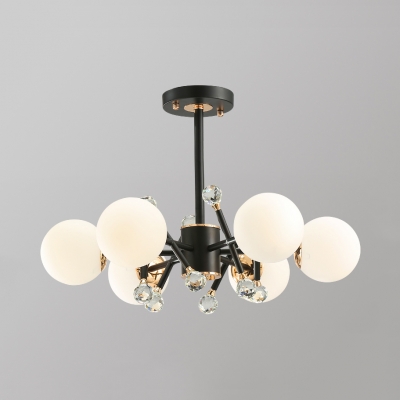 Contemporary Black Pendant Lamp with White Glass Shade and Clear Crystal Ball 3/5/6 Lights Hanging Chandelier
