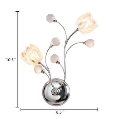 Contemporary Style Clear Crystal Wall Light Fixture with Floral Shade 2 Lights Glass Sconce Lighting