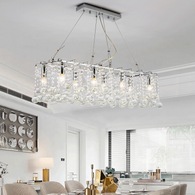 Living Room Linear Chandelier Light Metal Modern Chrome Hanging Lamp with Clear Crystal Ball