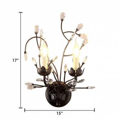 Metal Candle Wall Mount Light Fixture with Clear Crystal 2 Lights Vintage Style Sconce Lighting in Aged Bronze, H15