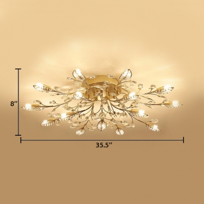 Metal Leaf Design Semi Flush Light Multi Lights Modern Style Ceiling Lighting in Gold with Clear Crystal