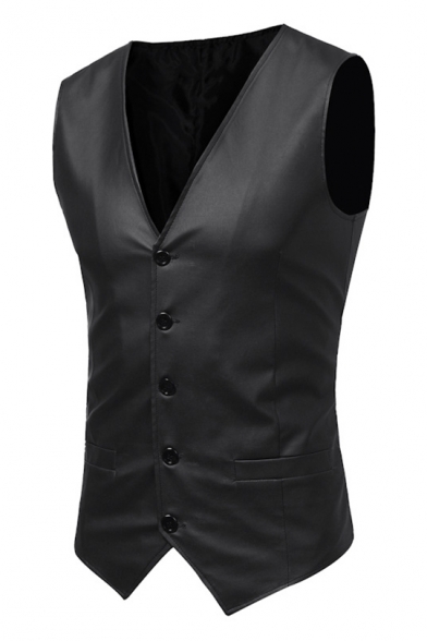 New Stylish Solid Color Buckle Back Button Down Slim Fit PU Suit Vest ...
