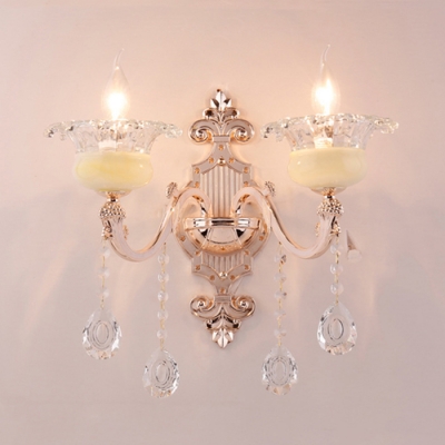 Traditional Flower Sconce Light 1/2 Lights Clear Crystal and Metal Wall Lamp in Gold