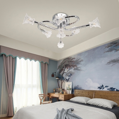 Twist Arm LED Semi Flush Light Bedroom 6 Lights Contemporary Ceiling Lamp with Clear Crystal in Chrome