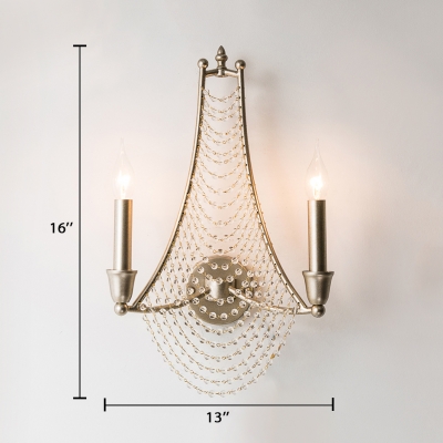 2/3 Lights Candle Wall Lamp with Clear Crystal Vintage Style Iron Sconce Lighting in Antique Brass