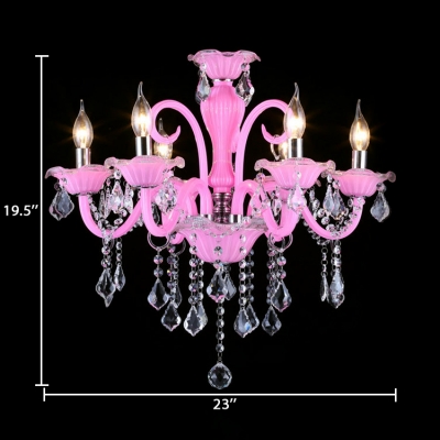 Clear Crystal Candle Hanging Chandelier 6 Lights Traditional Pendant Light in Pink for Bedroom