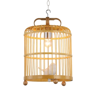 Bamboo Birdcage Pendant Lighting Rustic Lodge Single Suspended Light in Wood with Bird