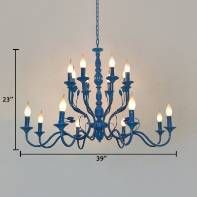 Blue Open Bulb Hanging Light with Candle Multi Light Traditional Metal Chandelier Light