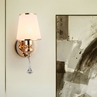 Bucket Sconce Light with Clear Crystal for Bedroom 1/2 Lights Antique Style Frosted Glass Wall Mounted Lighting