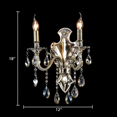 Candle House Sconce Lighting with Clear Crystal Metal 1/2-Light Antique Style Wall Light Fixture in Aged Brass