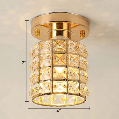 Contemporary Cylinder Semi Flush Mount Light Clear Crystal 1-Light Gold/Silver Ceiling Lighting for Hallway