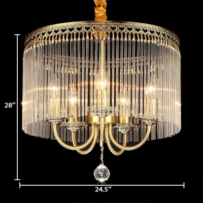 Drum Living Room Chandelier with Candle Clear Crystal Transitional Pendant Light in Brass