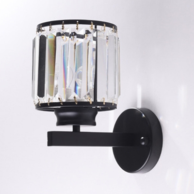 Drum Sconce Bedroom 1 Light Traditional Wall Lamp with Clear Crystal in Black/Gold