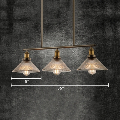 Industrial Conical Island Lighting 3 Lights Glass Island Lamps in Brass for Kitchen