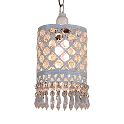 Lantern/Cylinder Ceiling Light with Crystal 1 Light Traditional Hanging Lamp in White/Blue for Living Room