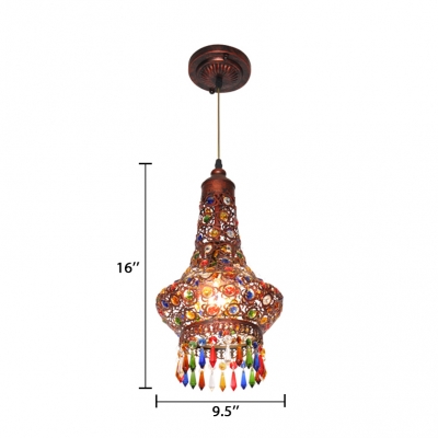 Metal Teardrop Pendant Lamp with Colorful Crystal Single Light Vintage Suspended Light for Living Room