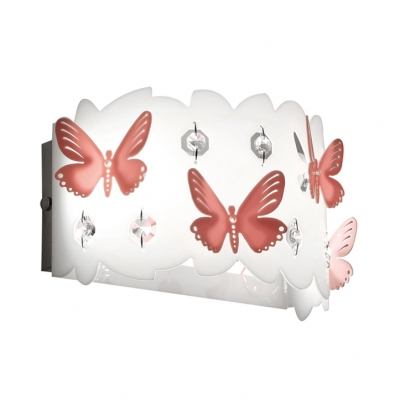 Modern Drum Sconce Light with Clear Crystal and Purple Butterfly Acrylic Wall Lamp in White