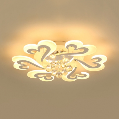 Petal LED Flush Mount Lighting with Clear Crystal Ball Contemporary Light Fixture in White
