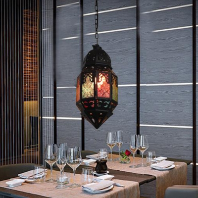 Single Light Pendant Light Fixture with Colorful Crystal Vintage Metal Suspended Light in Black