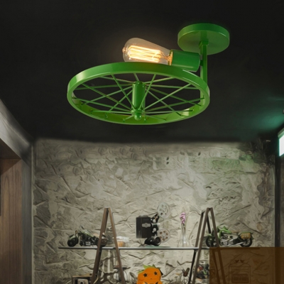 Single Light Wheel Ceiling Light Metal Modern Semi Flush Light in Green/Orange/Red/White for Living Room