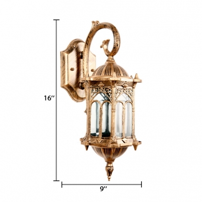 Waterproof Lantern Security Lighting Vintage 1 LED Clear Glass Wall Lighting in Aged Brass for Yard