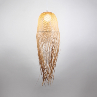 Bamboo Dome Shade Hanging Light Fixtures Rustic 1LT Pendant Lighting in Beige, 27.5