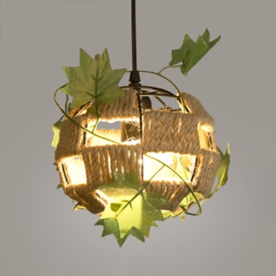 Single Light Globe Pendant Light Rustic Metal and Rope Hanging Light in Beige