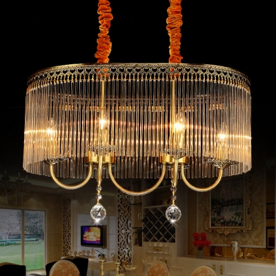 6-Light Candle Chandelier Lighting with Oblong Shade Transitional Crystal Hanging Light in Aged Brass