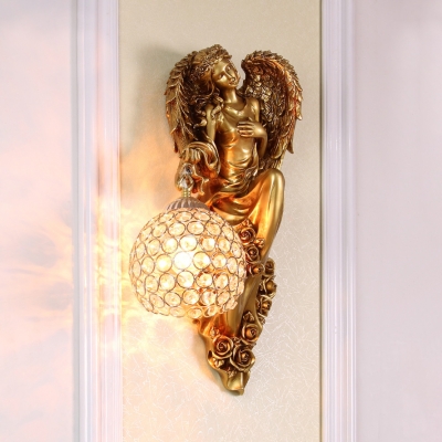 Antique Spherical Sconce Light Clear Crystal 1 Light in Gold Wall Light for Living Room