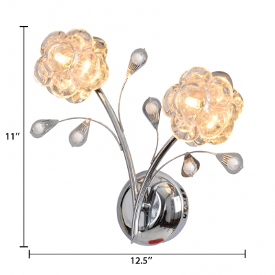 Bedroom Floral Sconce Lighting Glass Contemporary Chrome Wall Mounted Light with Clear Crystal
