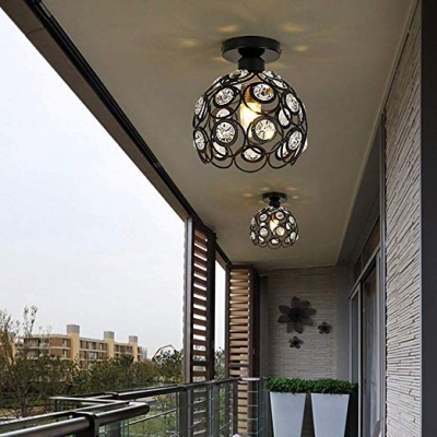 Black/White Globe Ceiling Lighting 1 Light Modern Style Metal Semi Flush Light with Clear Crystal for Bedroom