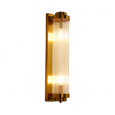 Contemporary Gold Sconce Light with Cylindrical Clear Crystal 2 Lights Metal Wall Light
