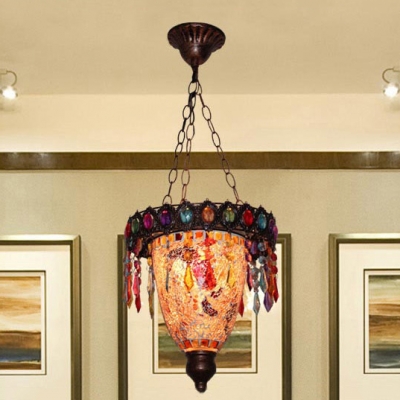 Dinging Room Pendant Light Fixture Metal Vintage Bronze Hanging Light with Colorful Crystal