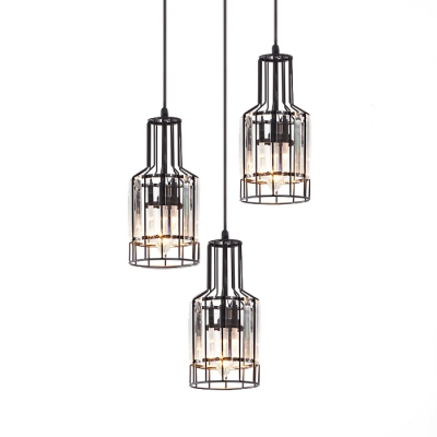 Dining Room Lighting Modern, 3 Lights Height Adjustable Clear Crystal Pendant Lighting with Hanging Cord in Black