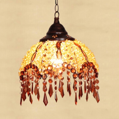Domed Suspended Light 1/3 Lights Antique Yellow and Brown Crystal Hanging Lamp for Dinging Room