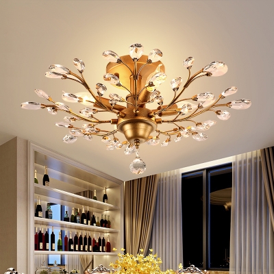 Gold Semi Flush Light with Clear/Amber Crystal Decoration 4/5-Light Vintage Style Ceiling Lighting for Living Room