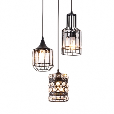 Kitchen Pendant Lights Crystal with Hanging Cord, Adjustable Drum Ceiling Lights in Black Modern with Clear Crystal