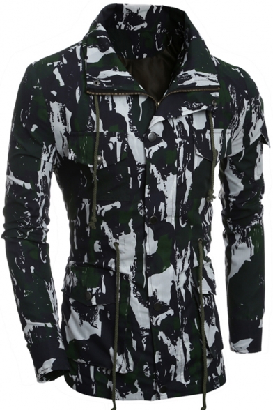 Men's Casual Unique Camouflage Printed Concealed Zip Closure with Press-Stud Placket Multi-Pockets Drawstring Waist Slim Work Jacket