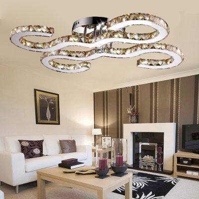 Modern Chrome Semi Flush Mount Light with Wave and Clear Crystal Bead Metal LED Ceiling Light
