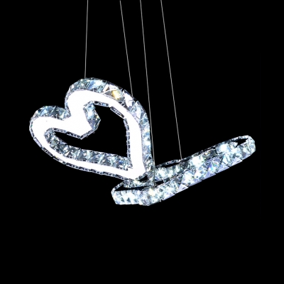 Modern Heart Shape Pendant Light 2 Lights Metal Chandelier with Clear Crystal Decoration in Chrome