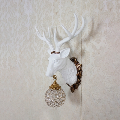 Rustic Elk Designed Wall Lamp 1 Light Clear Crystal Wall Light in White/Gold for Foyer
