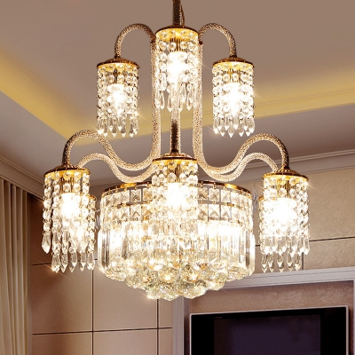 Traditional Drum Chandelier Clear Crystal 12 Lights Gold Pendant Lamp for Living Room