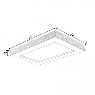 White Rectangle Ceiling Fixture with Clear Crystal Decoration Modern Acrylic LED Flush Light for Dining Room