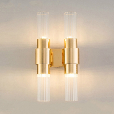 2/4 Lights Cylindrical Wall Light with Clear Crystal Modern Metal Wall Sconce in Gold