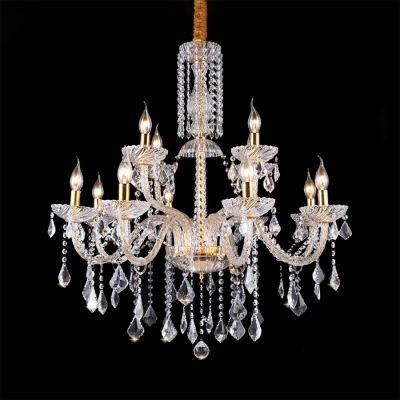 Vintage Candle Chandelier 12 Lights Metal Chandelier Light with Clear Crystal Decoration in Brass