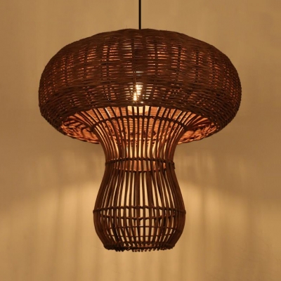 Mushroom Rattan Pendant Light for Restaurant Rustic 1 Light Hanging Lamp in Beige/Coffee