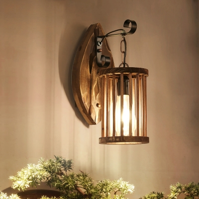 Brown Cage Hanging Lifting Single Light Antique Wood Sconce for Foyer